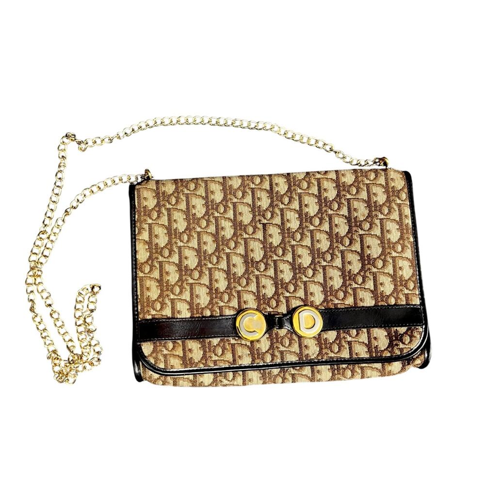 Vintage Christian Dior Trotter Canvas Classic Logo Gold Chain Handle Purse